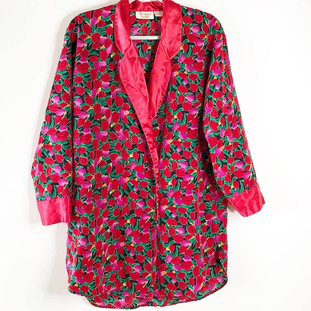 Victorias Secret Vintage Gold Label Small Red Robe Floral Button Front